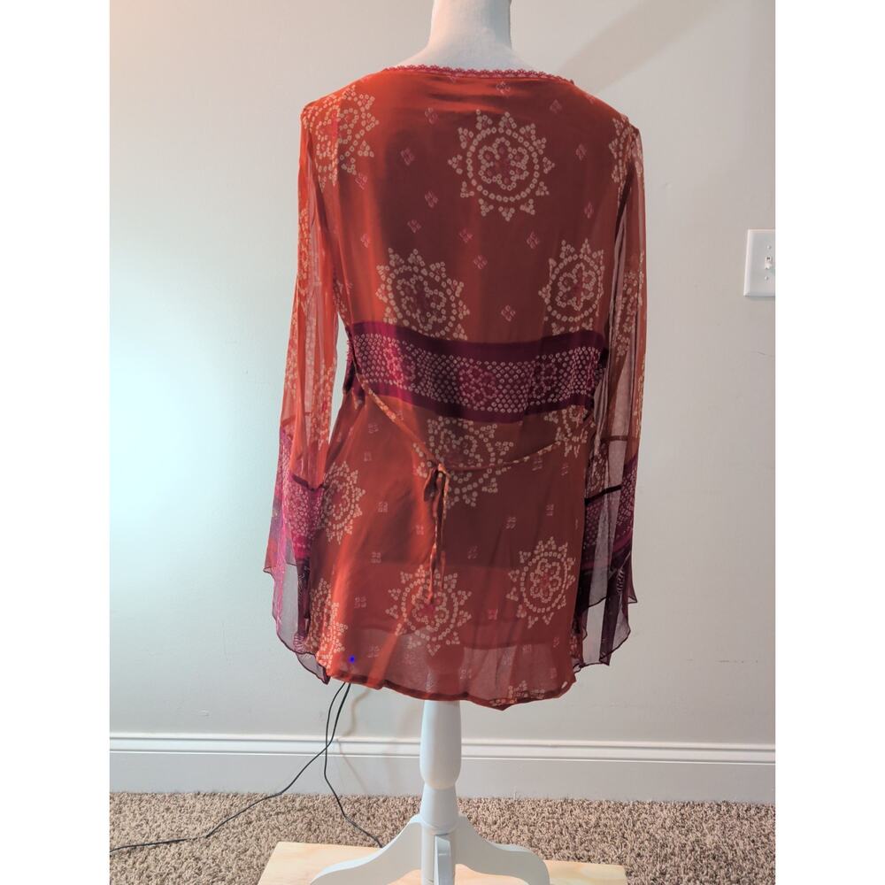 NYC Design Co. Sheer Embellished Tunic Top L Silk Blend Maroon Long Sleeve China - Picture 7 of 9